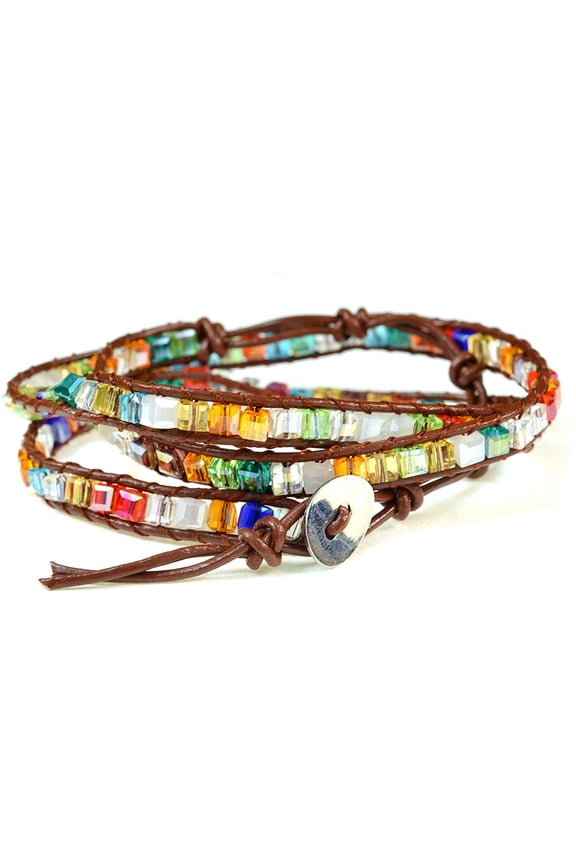 Handmade 26" Brown Leather & Multi Square Faceted Cut Mosaic Bead Wrap Bracelet