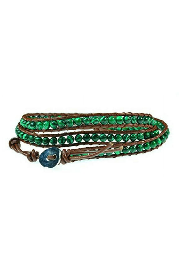 Handmade 26" Malachite Gemstones on Genuine Leather Wrap Bracelet