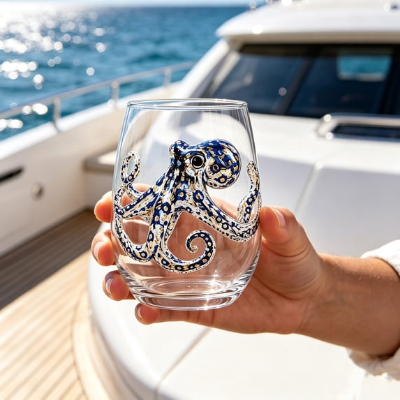 Handmade 2D Blue Ringed Octopus Glass Cup, Ocean Animal Artisan Drinking Glass for Cocktail Wine, Novelty Sea Creature Glassware, Holiday Gift for Ocean Lovers, 1 Pack-G