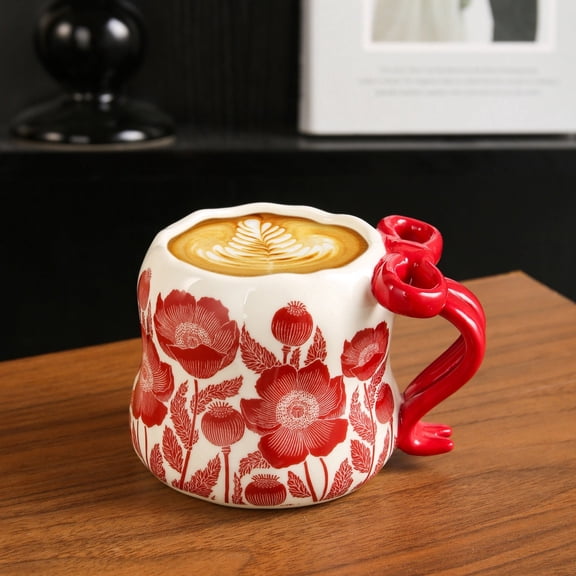 Red Poppy Floral Ceramic Mug with 3D Bow Handle, 12oz/350ml, Dishwasher Safe, Cute Coffee Cup for Women & Gifts