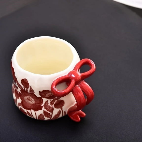 Handmade 350ml Ceramic Coffee and Tea Mug with Red Bow Handle  Vintage Floral Design