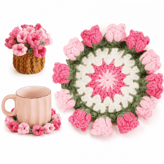 Handmade 3D Flower Crochet Drink Coaster, Bouquet Plant Pot Design Soft Yarn Coaster, Tabletop Protection Home Decor, Pink