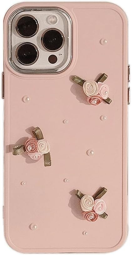 Handmade 3D Flower Pearl Soft for iPhone Case (Pink,iPhone 15 Pro