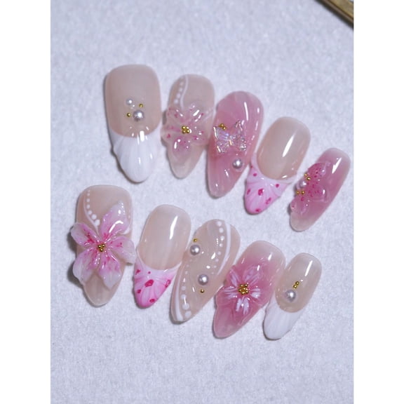 Handmade 3D Flower And Shell French Style Nail Art Design Manual Nails Butterfly Nail Decoration
