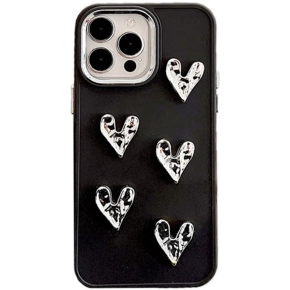 Handmade 3D Pleated Love Heart Plated Silver Solid Color Soft  for iPhone Case (Black,iPhone 12 Pro Max)