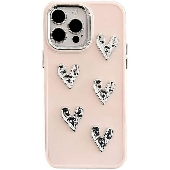 Handmade 3D Pleated Love Heart Plated Silver Solid Color Soft  for iPhone Case (Pink,iPhone 11)