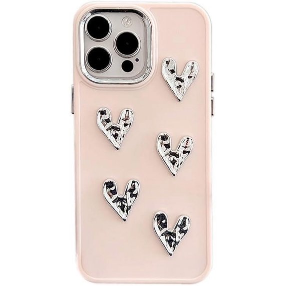 Handmade 3D Pleated Love Heart Plated Silver Solid Color Soft for iPhone Case (Pink,iPhone 14 Pro)