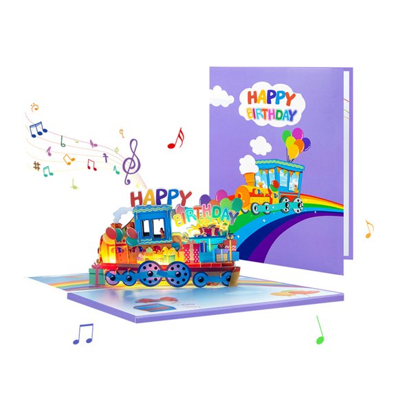 Handmade 3D Rainbow Train Card Colorful LED Light Up Birthday Greeting Card with Envelope Party Supplies Decoration