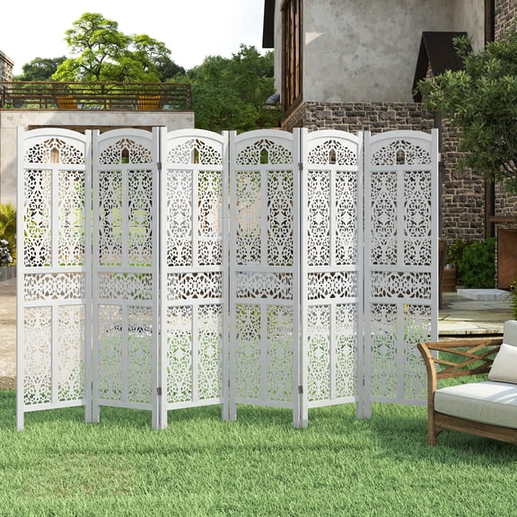 Handmade 4/6 Panel Floral Carved Wood Room Divider - Burning Walnut/White, Lattice, Folding Privacy Screen