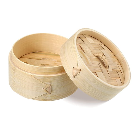 Handmade 4 inch Bamboo Steamer Basket with Lid Multi-use Traditional Dumpling Steamer Food Steamer for Cooking Vegetables, Dim sum, Bao Buns, Fish Meat (4inch - 1 tier)