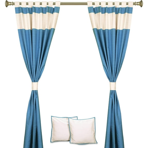 Handmade 6-Piece Blended Raw Silk Curtain & Cushion Cover Set - Turquoise Cream Tab Top Design, Machine Washable - 43"W x 84"L Panels, 2 Covers - Perfect for Living & Dining Rooms