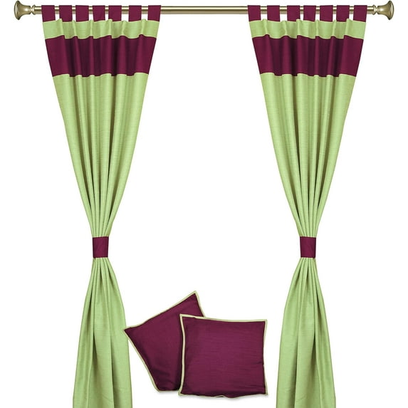 Handmade 6-Piece Blended Raw Silk Curtain & Cushion Cover Set - Olive Green Tab Top Design, Machine Washable - 43"W x 84"L Panels, 2 Covers - Perfect for Living & Dining Rooms