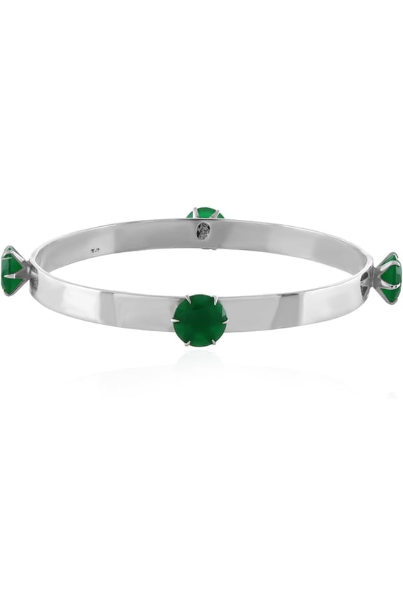 Handmade 925 Sterling Silver Bangle with Green Onyx – 8.7 mm Round Gemstones – 14.40 Carat – Prong-Set – Bold Artisan Jewelry for Women (2.375 Inches)