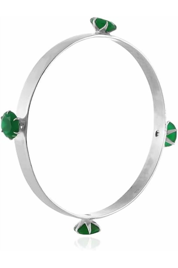 Handmade 925 Sterling Silver Bangle with Green Onyx – 8.7 mm Round Gemstones – 14.40 Carat – Prong-Set – Bold Artisan Jewelry for Women (2.5 Inches)