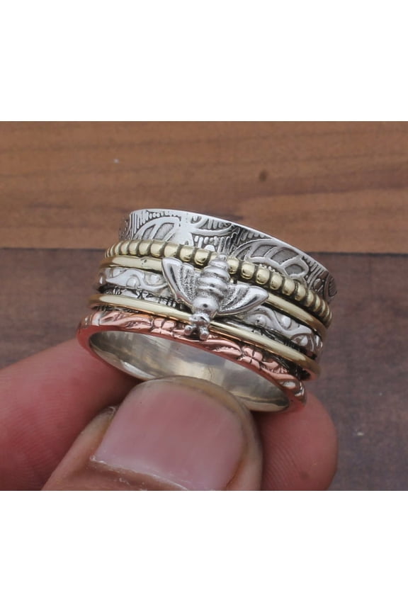 Handmade 925 Sterling Silver Bee Spinner Ring – Anxiety Relief Fidget Ring for Men & Women, Meditation Thumb Ring, Unique Nature-Inspired Gift Ring Size- 7.5