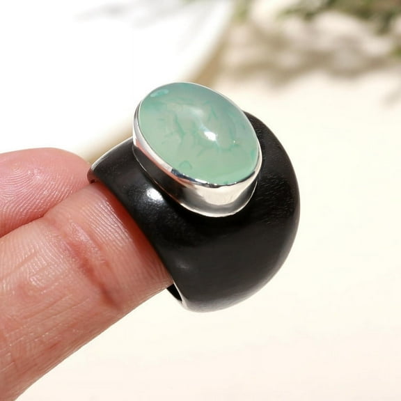 Handmade 925 Sterling Silver Chrysoprase Ring with Ebony Wood Band – Designer Statement Ring for Women, US Size 5-10