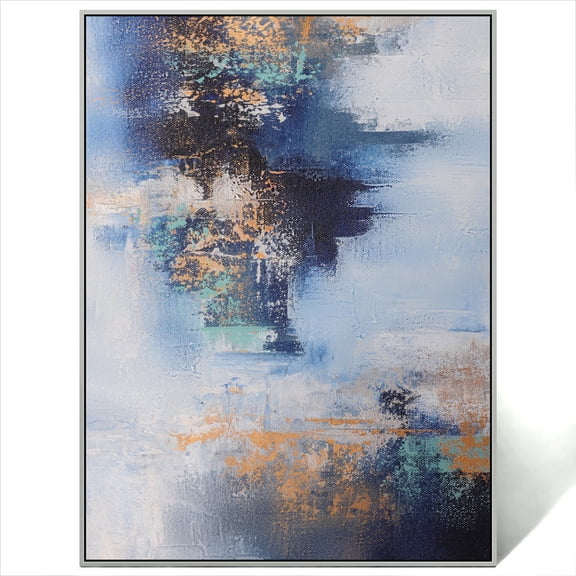 Handmade Abstract Painting with Copper Accents – Modern Blue & Gold Artwork for Home Décor | Textured Skyline Art Print | Large Wall Art Unstretched (Rolled) 30x30 inches