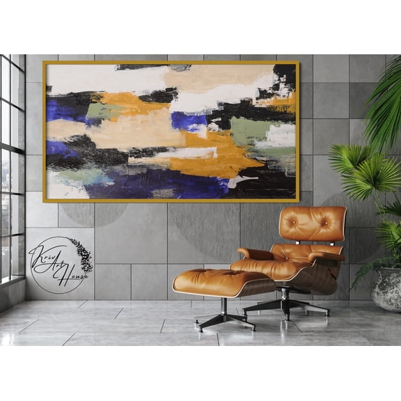 Handmade Abstract Wall Art Painting – Modern Color Block Design, Ochre, Indigo, Black, and Beige, Large Canvas Artwork for Living Room Unstretched (Rolled) 24x36 inches