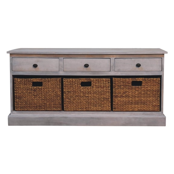 Handmade Acid Wash Basket Storage Cabinet, Solid Wood, Grey Ash, 3 Drawers + , 48.3 In. D X 15.39 W 21.81 H, 89.62 Lb Weight Handcrafted Mango Wood Depth Width Height,