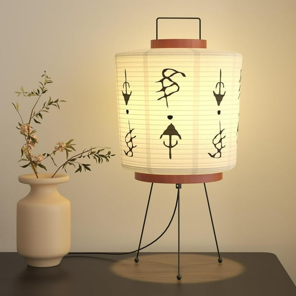 Handmade Akari Table Lamp - Japanese Washi Paper Lantern - E26 Socket with Inline Cord Switch - 3 Color Temperature Bulb Included - Japandi Style Ambient Light - 21" Height