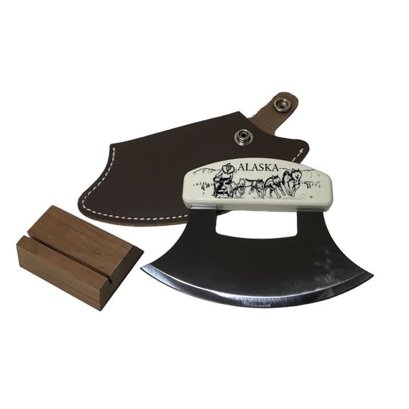 Handmade Alaska Eco Ivory ( Cultured ) Sled Dog Team Handle Ulu Knife & Stand  - Unique Natural Dark  Leather Sheath