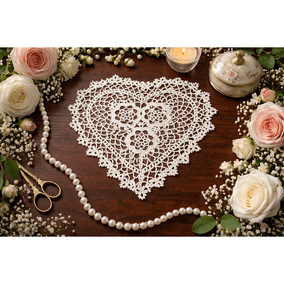 Handmade All-over Tatted Lace Doilies, 10-inch Heart Shaped, White Color, Set of 4