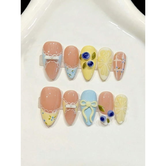 Handmade Almond Press-On Nails Set L - Pastel Macaron With Bow, Floral &