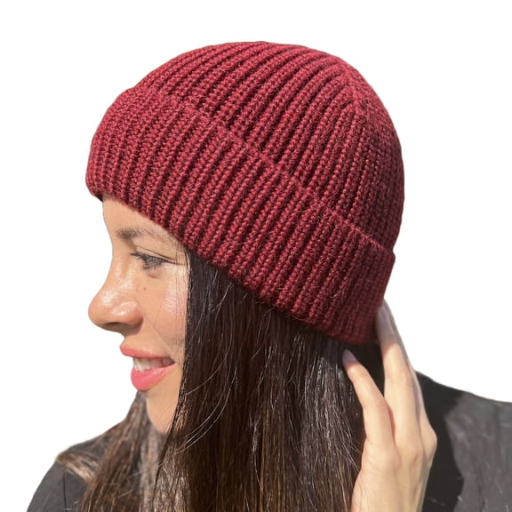 Handmade Alpaca Beanie Hat for Men & Women, English Stitch 100% Baby Alpaca Winter Hats Knit Skull Knitted Ski Cap Unisex - Wine