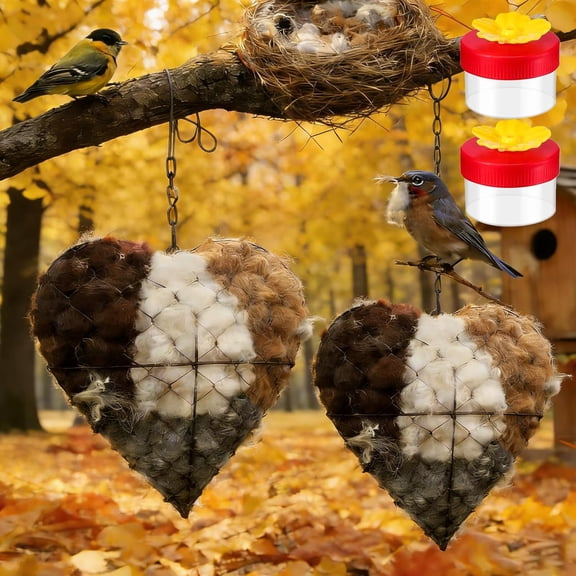 Handmade Alpaca Fiber Bird Nesting Heart, New Bird Nesting Material Holder with 1 Heart Shape Hummingbird Nesting & Alpaca Fiber, Winter Tree Shelter Gift for Wild Birds Lovers (2PCS)