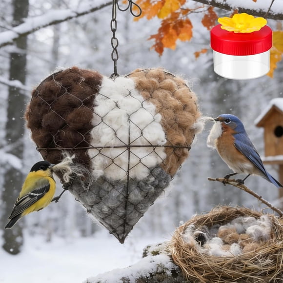 Handmade Alpaca Fiber Bird Nesting Heart, New Bird Nesting Material Holder with 1 Heart Shape Hummingbird Nesting & Alpaca Fiber, Winter Tree Shelter Gift for Wild Birds Lovers (1PCS)