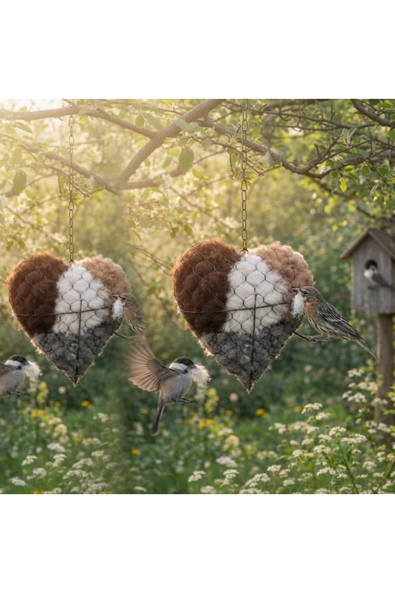 Alpaca Fiber Bird Nesting Heart, Refillable Birds Haven 2 Heart Shape Hummingbird Nesting and 4 Bags Of Nest Materials, 2pc
