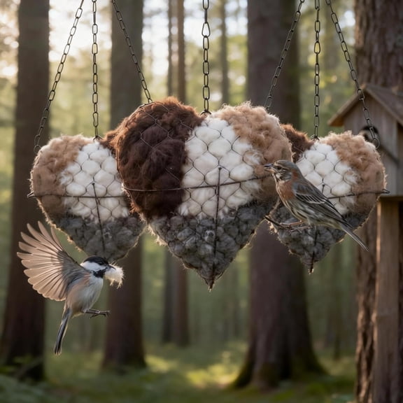 Handmade Alpaca Fiber Bird Nesting Heart, Refillable Birds Haven 3 Heart Shape Hummingbird Nesting and 6 Bags Of Nest Materials, 3*pcs