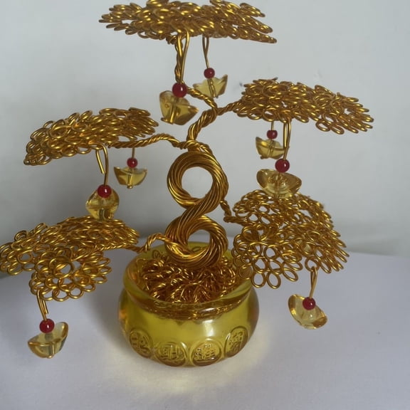 Handmade Aluminum Wire Money Tree Desktop Ornament Feng Shui Decor Lucky Sculpture for Office Car Shelf Display 13cm Tall