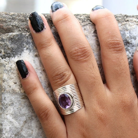 Handmade Amethyst Ring: Oval Purple Gemstone, 925 Sterling Silver
