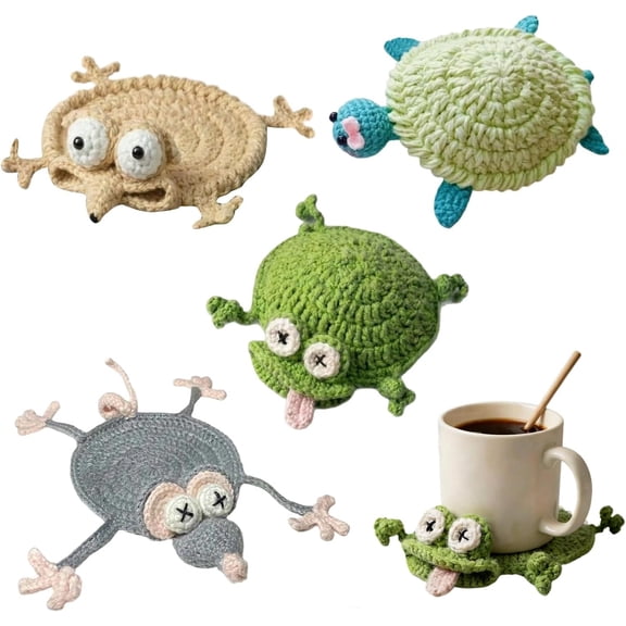 Handmade Animal Crochet Coasters (4pcs) – Funny 3D Mug Rug, Soft Drink Coaster for Tabletop Protection and Home Desk Decoration