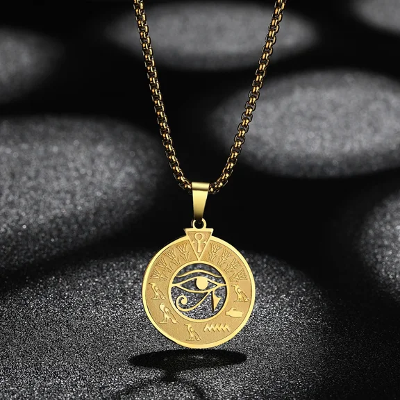 Handmade Ankh Eyes Of Horus Pendant Necklace Egypt Jewelry Evil Eye Turkish Jewelry 14K Yellow Gold Necklace