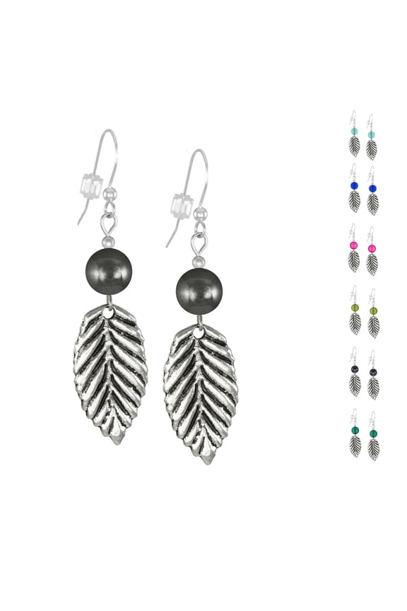 Handmade Antique Pewter Leaf Beaded Earrings - .925 Sterling Silver Earwires - Hematite Gemstone