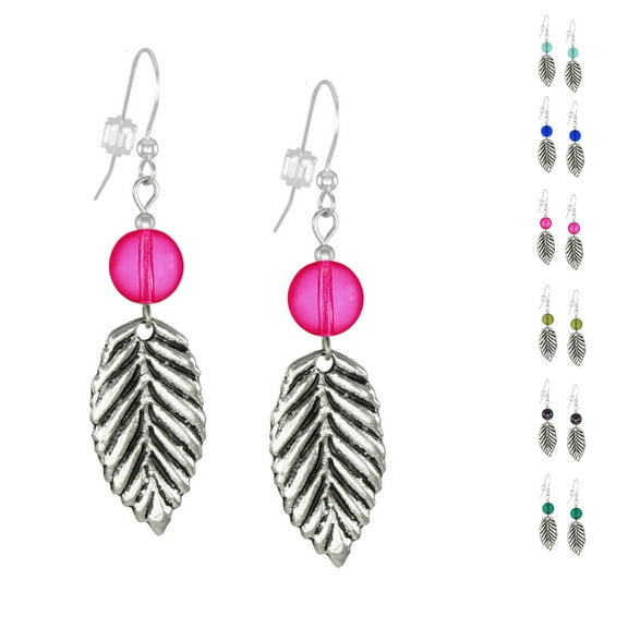 Handmade Antique Pewter Leaf Beaded Earrings - .925 Sterling Silver Earwires - Hot Pink Glass