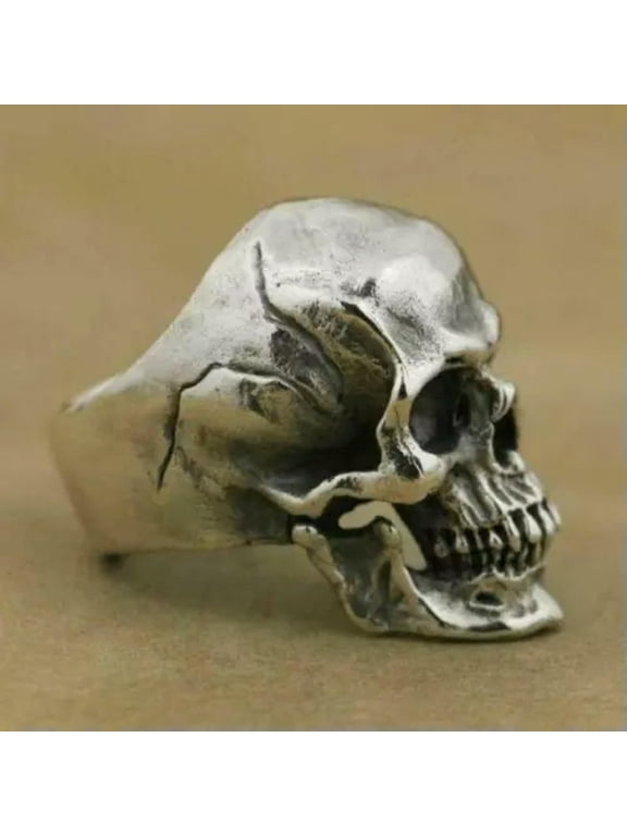 Handmade Antique Silver Plated Stainless Steel Skull Ring Mens Biker Punk Gothic