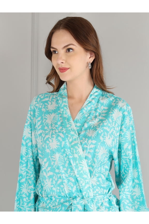 Handmade Aqua Floral Cotton Kimono Robe: Lightweight Block Print Loungewear