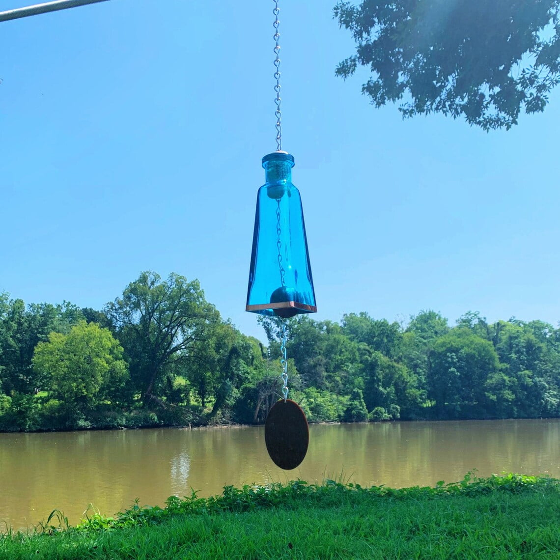 Handmade Aqua Glass Wind Chimes Made From Pyramid Shaped Bottles, Colorful Home Decor Outdoor Garden or Patio