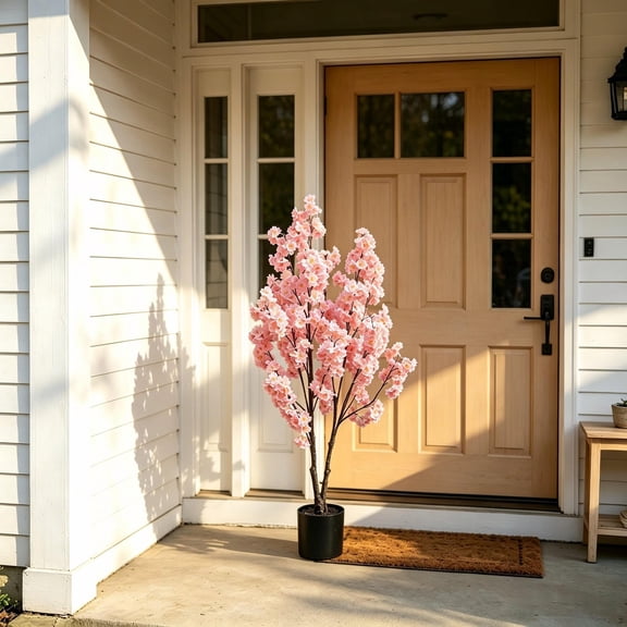 Handmade Artificial Cherry Blossom Tree Pink Silk Flowers in Pot, Lifelike Faux Tree Indoor Outdoor Decor for Home Living Room Office Porch, Low Maintenance, 120 cm