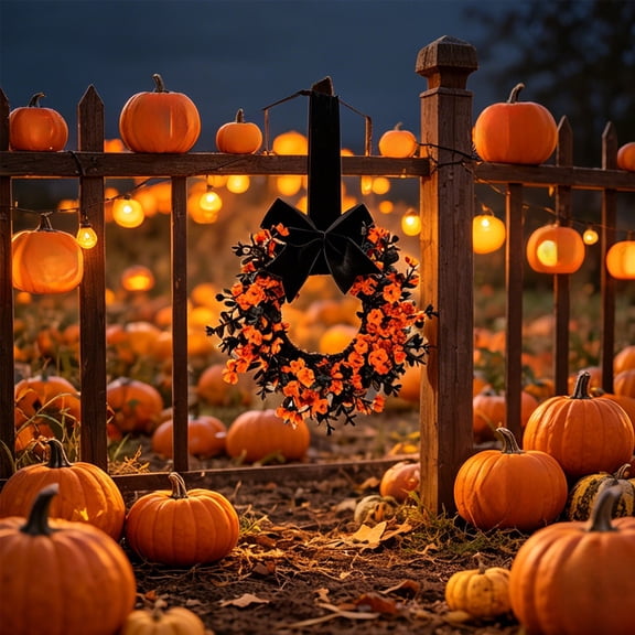 Handmade Artificial Floral Door Wreath - Velvet Bow Circular Garland for Fall Halloween Decor (Orange)