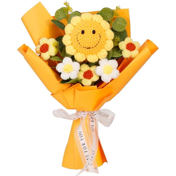 Handmade Artificial Flower Knitted Sunflower Bouquet, Crochet Bouquet Kit, Preserved Flowers Bouquet for Mother's Day, Anniversary, Graduation, Birthday (Yellow)
