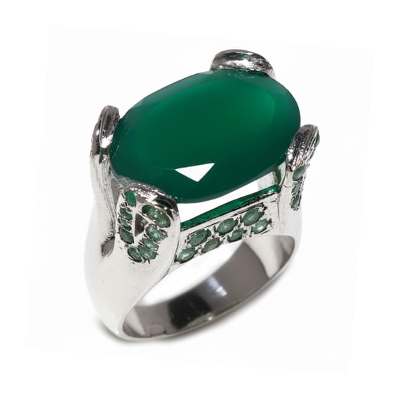 Handmade By Artisans, Green Onyx Emerald Gemstone 925 Sterling Silver Fashion Finger Ring for Women, Fine Designer Ring Engagement Wedding Jewelry, Size K1/2