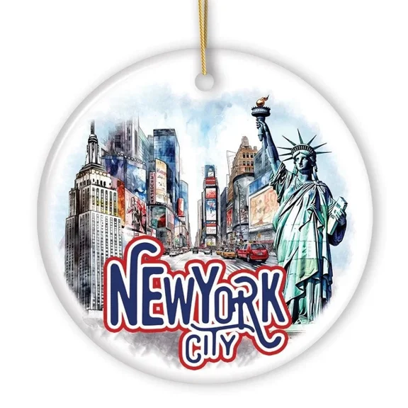 Handmade Artistic New York City 2D FLAT CIRCLE Ceramic Ornament