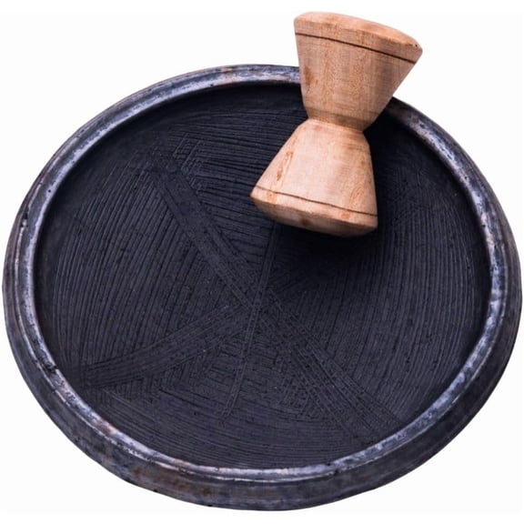 Handmade Asanka & Tapoli Set – 11" African Clay Grinding Bowl & 5" Wooden Grinder from Ghana – Traditional Earthenware for Fufu, Chop Bar, Home Cooking, Coconut Opening, and African Recipes