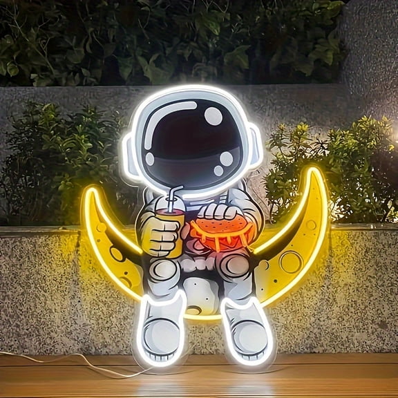 Handmade Astronaut on Moon LED Sign, Dimmable USB Powered Space Wall Art with Blue & Yellow Glow for Home, Bedroom, Bar, Garage Decor