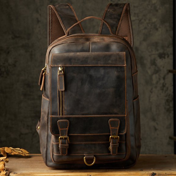 Handmade Backpack Men's First Layer Cowhide Retro,Dark brown