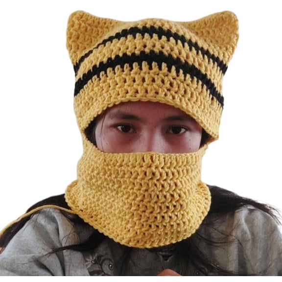 Handmade Balaclava Neck Protect Hat with Cute Devil Ear Winter Knit Hat Winter Gift for Students Teens Cycling Skiing